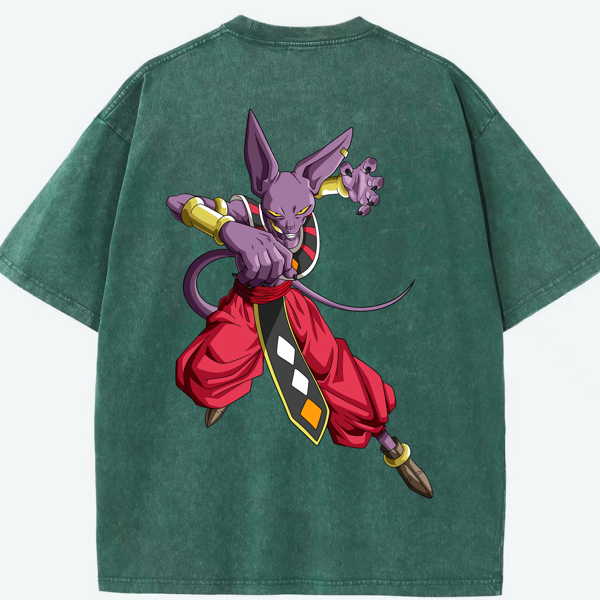 （画像用） ドラゴンボール ビルス 破壊神ビルス DRAGON BALL Beerus Birusu 綿100% ヴィンテージ風 半袖Tシャツ（背面プリント）